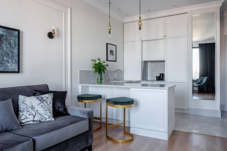 Cuisine-salon blanche - photo de design d'intérieur