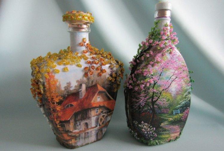 Bouteilles de découpage avec des gels d'art - photos et idées