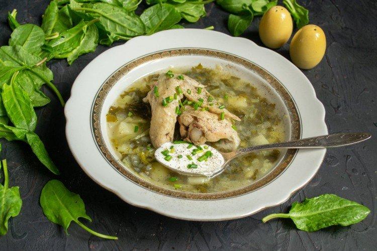 Soupe d'oseille au poulet et petits pois