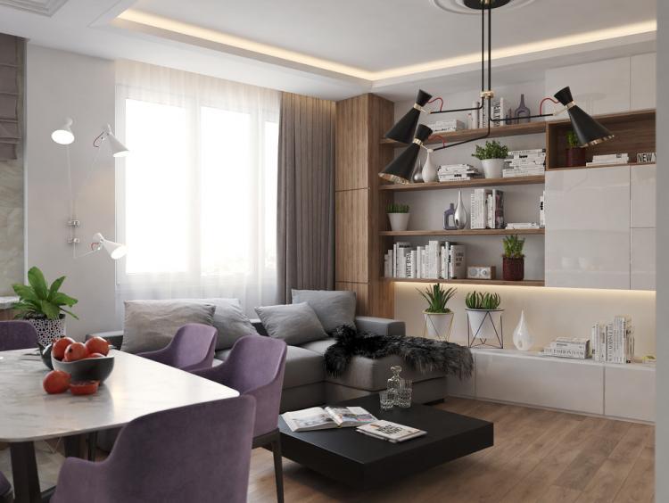 Cuisine-salon Achromatique & Couleur - design d'intérieur