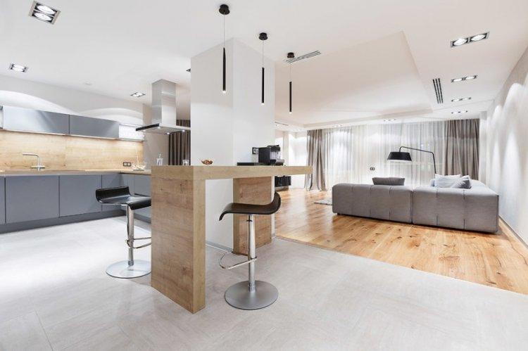 Décoration de sol - Conception de cuisine-salon dans un style moderne