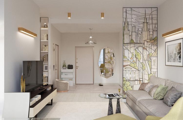 Cuisine-séjour aux couleurs claires, 40 m². - Design d'intérieur