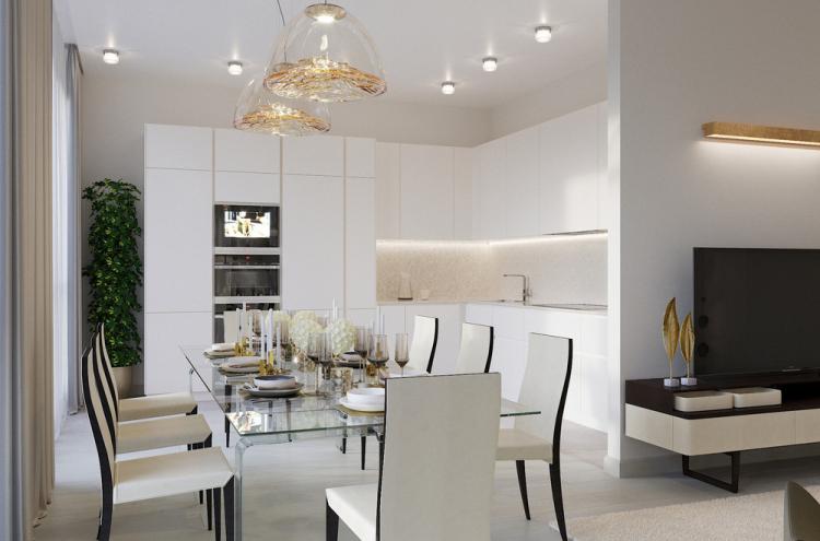 Cuisine-séjour aux couleurs claires, 40 m². - Design d'intérieur