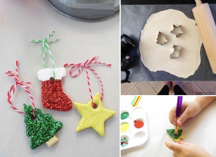 Bricolage jouets de Noël en pâte à sel sur un sapin de Noël