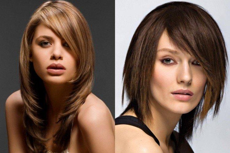 Coupe de cheveux en cascade avec une longue frange oblique pour cheveux mi-longs