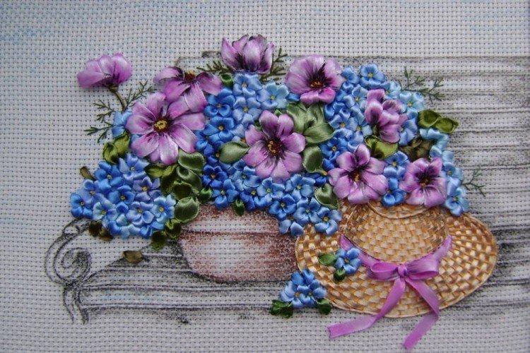 Forget-me-nots sur décalcomanie - Broderie au ruban pour les débutants pas à pas