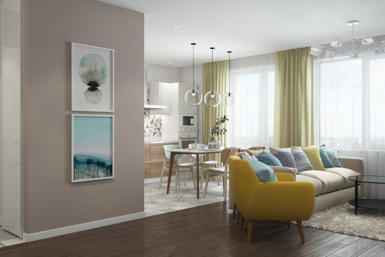 Cuisine-salon lumineuse de style scandinave - design d'intérieur