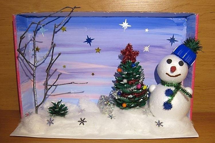 Bonhomme de neige dans une maison en carton - Bricolage d'hiver à la maternelle
