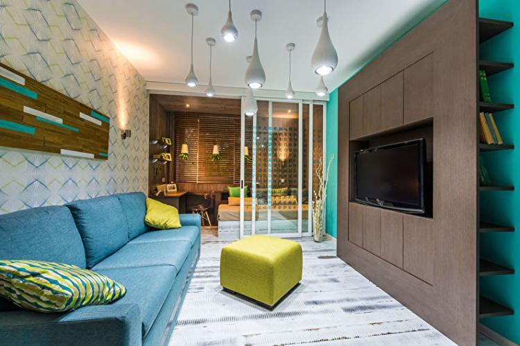 Zonage d'une pièce en une chambre et un salon - conception de photos